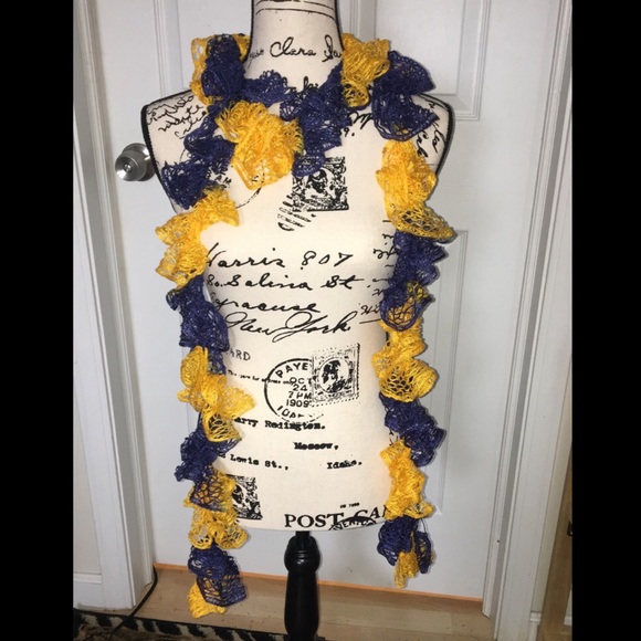 Blue & Yellow Hand-Knit Scarf w/ Embedded Sparkles - Picture 2 of 4